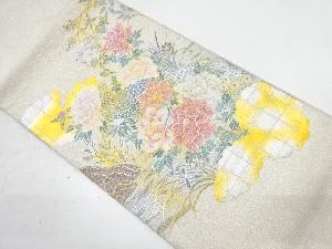 アンティーク　綴れ孔雀に牡丹・枝の実模様袋帯(材料)